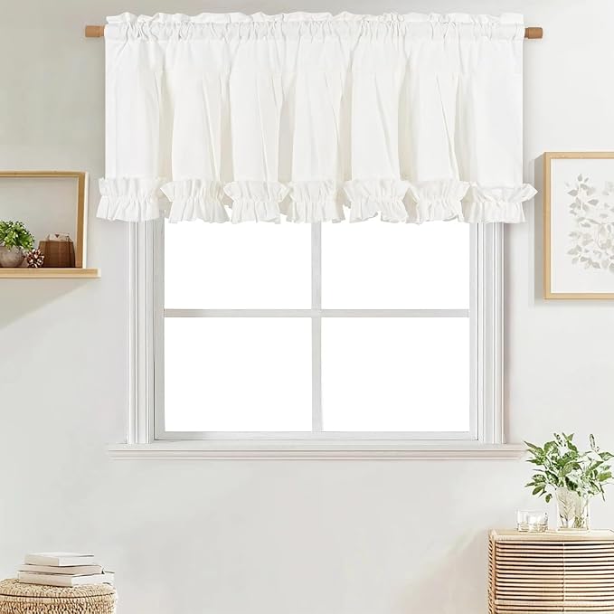 Likiyol Linen Valances for Windows Farmhouse Window Valances with Ruffle Rustic Country Light Filtering Kitchen Valance Curtains Rod Pocket Valance for Bathroom Cafe, White, 52" W X 18" L - Image 9