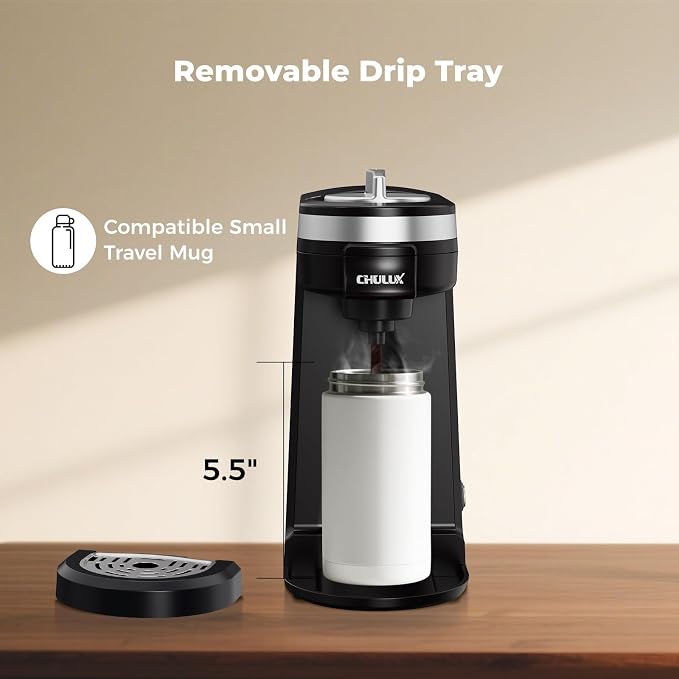 CHULUX Mini Single Serve Coffee Maker for K Pod, Brew Up to 12oz Cup, Black | Fast-Heating Boiler System, Single Cup Brewing, Portable Compact Design, Four-Hole Multi-Stream Needle, Adjustable Drip Tray - Image 8