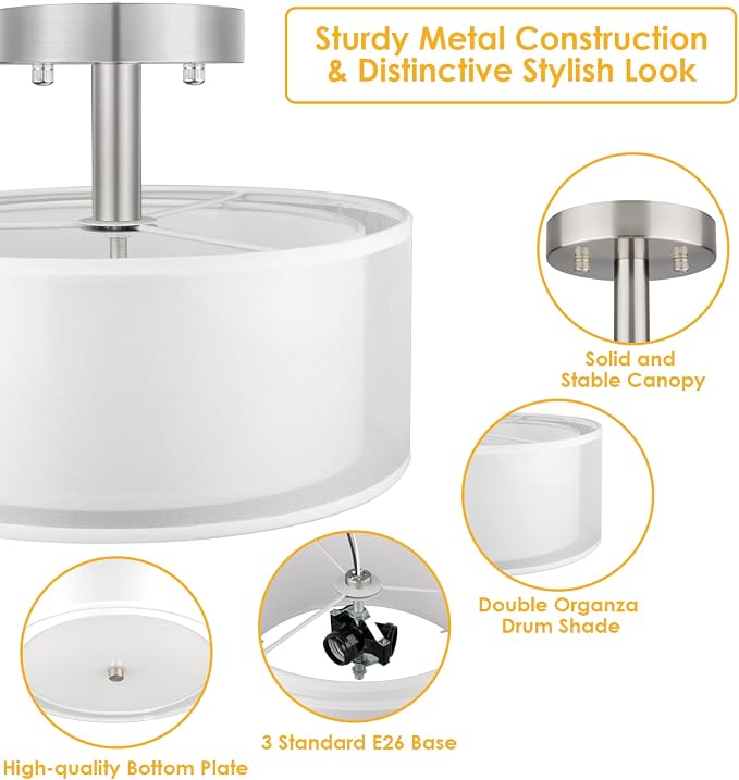 FOLKSMATE 3-Light Semi Flush Mount Ceiling Light Fixture, 16 Inch Drum Light with Double Fabric Shade, Modern Close to Ceiling Lamps for Dining Room Kitchen - Image 3