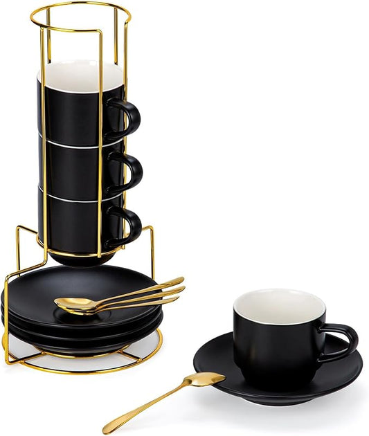 Lareina 8 Ounce Porcelain Cappuccino Cups Set of 4, Stackable Coffee Cups with Saucers, Spoons and Metal Stand -for Specialty Coffee Drinks, Cappuccino, Latte, Americano and Tea, Black by Lareina