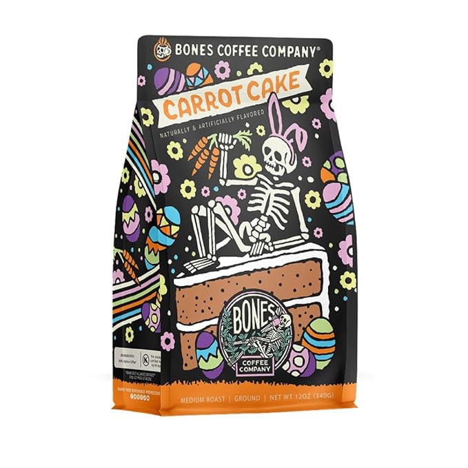 Bones Coffee Company Carrot Cake with Sweet Cream Cheese Flavored Coffee, Medium Roast Low Acid Arabica Beans Compatible with Auto drip and French Press Coffee Maker, 12 Oz Ground