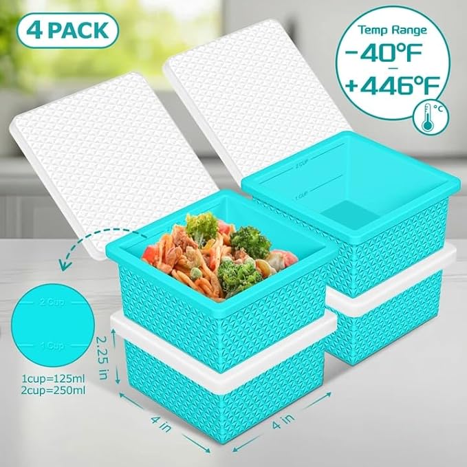 Silicone Freezer Tray with Lid-Stackable Soup Freezer Container Molds,2-Cup Ice Cube Trays for Perfect Portion Control,Food Storage & Meal Prep,Oven & Dishwasher Safe-4 Pack