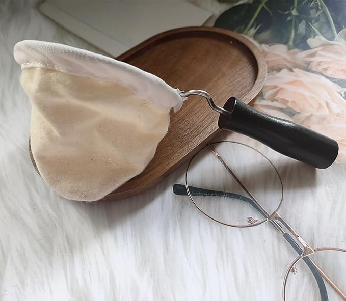 Reusable Coffee Filter with Wooden Handle, Cafe Flannel Cloth Filter Strainer Bag for Coffee Lover, Small Handmade Coffee Sock(S)