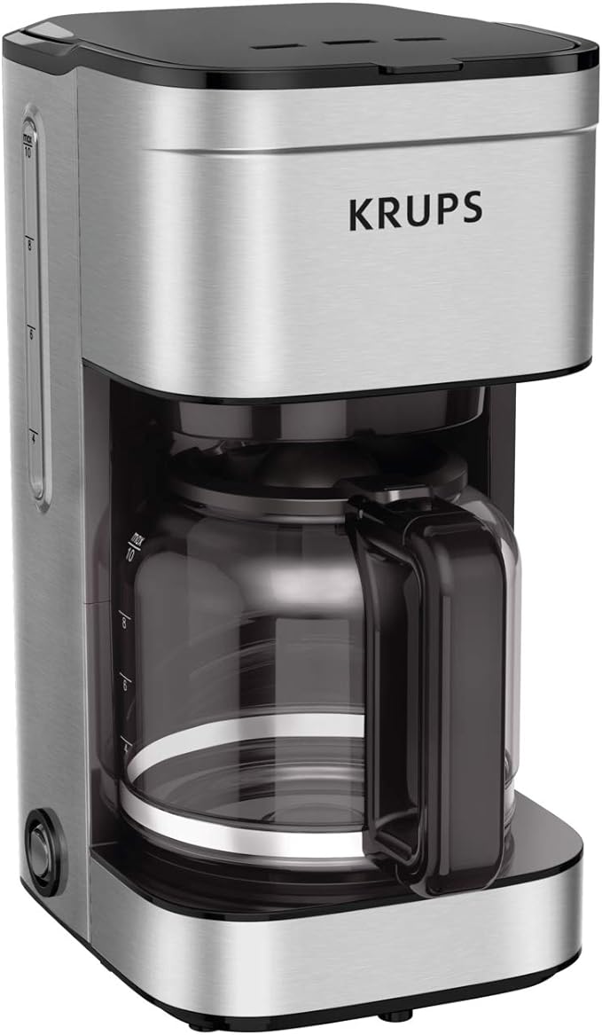 KRUPS Coffee Maker 10 Cups Simply Brew Stainless Steel Drip Coffee Maker, 900 Watts Coffee Filter, Drip Free, Dishwasher Safe Pot , Black & Silver | Pause & Brew mid-cycle pour, Keep Warm function, Reusable filter included, Drip-free dishwasher-safe gl... by KRUPS