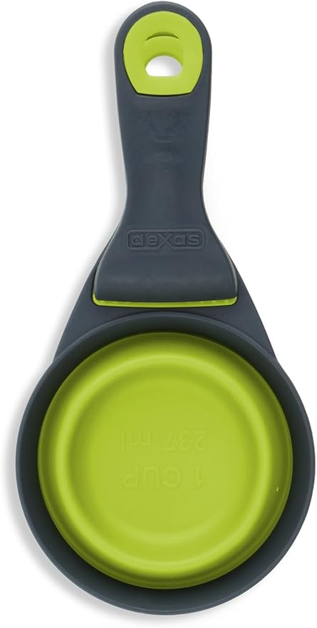 Dexas Popware for Pets Collapsible Klip Scoop, 3 in 1 Design Convenient Measuring Cup, Food Scooper and Bag Clip,1 Cup Capacity Pet Food Scoop, Versatile Food Measuring Cups Portion Control Gray/Green