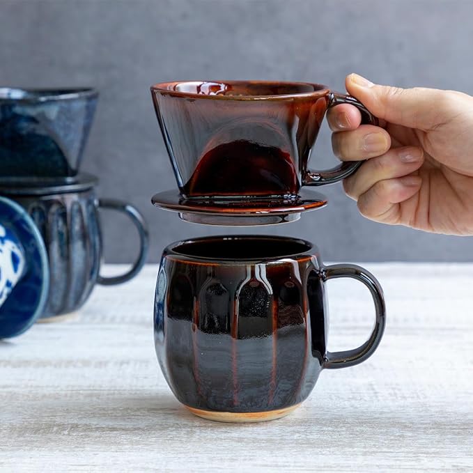 Asayu Japan Ceramic Coffee Pour Over Maker Set in Chocolate Brown, Slow Brewing Paper Filter Holder and Dripper with 3 Holes for Coffee and Tea (Complete 2PCS Set)