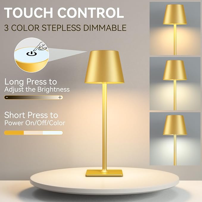 Yogaret 4 Pack Gold Rechargeable Led Cordless Table Lamps,Cordless Lamp with 6000mAh Battery Operated,Wireless Lamp for Restaurant Home Dinner Dining Kitchen Outdoor Patio,Waterproof & Portable - Image 4