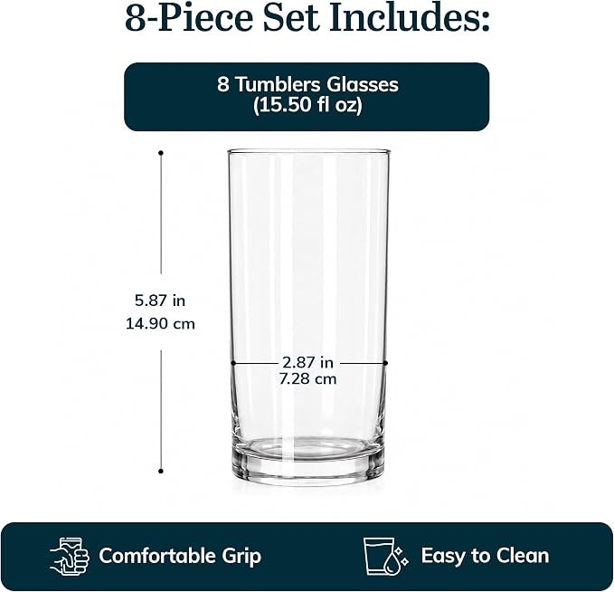 Heavy Base Drinking Glasses Set of 8, Weighted Clear Water Cups | 15.5 oz Capacity for Water, Juice, Soda, Cocktails, and More with Weighted Base and Dishwasher-Safe Cleanup - Image 4