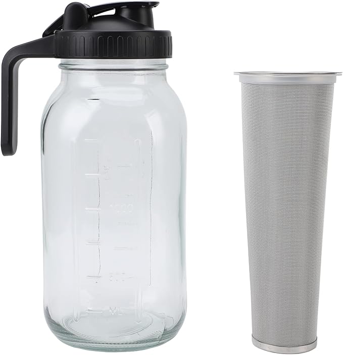 YOUTHINK Cold Brew Coffee Maker Pitcher, Jar with Spout Lid and Handle for Brewing and Pouring, Stainless Steel Filter Thick Glass Iced Coffee Maker (2000ml)