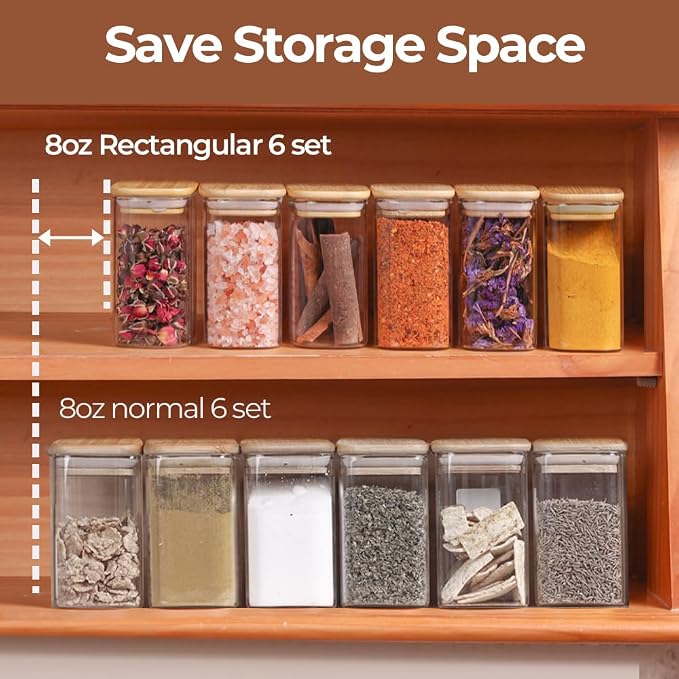 ComSaf Spice Jars 8oz Set of 6, Small Seasoning Containers with 9 Labels | Small Glass Jars With Labels, Empty Rectangle Canisters, Spice Rack Organization, Loose Tea, Herb, Powder, Dry Good, BPA Free - Image 4
