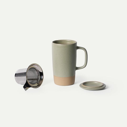 MORA Ceramics Large Tea Mug with Loose Leaf Infuser and Ceramic Lid, 18 oz, Portable, Microwave, Dishwasher Safe, Tall Coffee Cup - Rustic Matte Ceramic Glaze, Modern Herbal Tea Strainer, Thyme by MORA