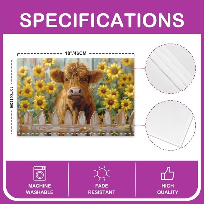 Feelyou Highland Cow Placemats Set of 4 12"x18" Highland Cattle Table Mats Placemat Animal Placemats for Dining Table Indoor Outdoor Kitchen Sunflower Farmhouse Decor Table Place Mats - Image 4