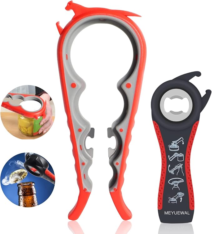 6 in 1 Lid Opener - Bottle, Jar, & Can Opener for Seniors with Arthritis or Weak Hands - Heavy Duty & Smooth Edge, Red by Unknown