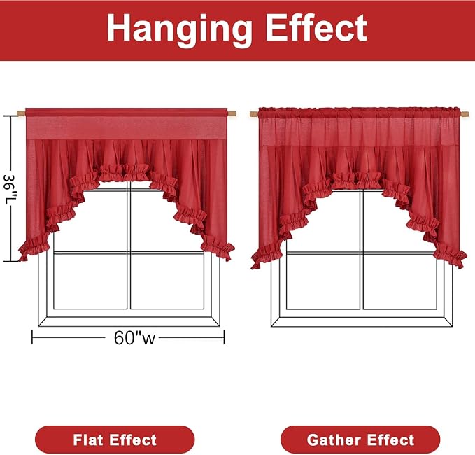 Likiyol Linen Valances for Windows Farmhouse Ruffle Swag Valance Rustic Country Window Valances Light Filtering Kitchen Curtains Rod Pocket Valance Curtains for Bathroom Cafe, Red, 60" W x 36" L - Image 2