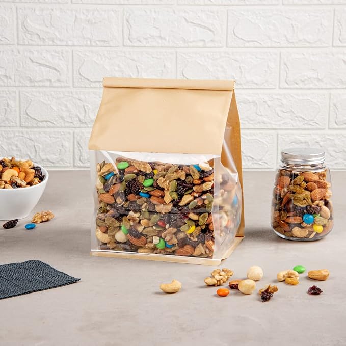 Restaurantware-Bag Tek 6.3 x 5.1 x 10.2 Inch Tin Tie Bags With Windows, 100 Resealable Bakery Bags With Windows - Flat Bottom, For Cookies or Coffee Beans, Kraft Cotton Paper Tin Tie Bags - Image 3