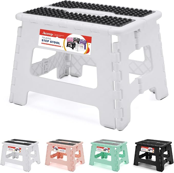 ACSTEP 9" Folding Step Stool, Non-Slip Surface Stool for Kids, Dot White | Heavy Duty Foldable Stools, Lightweight, Holds 300 lb, for Toddler Kitchen Bathroom Bedroom Outdoor, Collapsible with Handle by ACSTEP