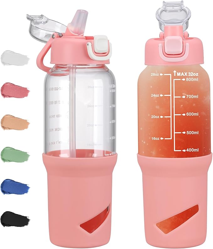 SIEROZUR 32 oz Glass Tumbler with Straw, Glass Water Bottles with 2 Lids-Handle Spout Lid & Straw Lid, 1 Liter Motivational Water Bottles, Silicone Sleeve, Fits Car Cup Holder,Pink