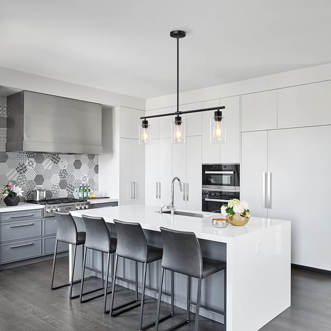 Kitchen Island Lighting, 3 Lights Linear Chandeliers Rectangle Pendant Light Fixtures for Dining Room Farmhouse Hanging Light with Glass Shades(Black) - Image 5