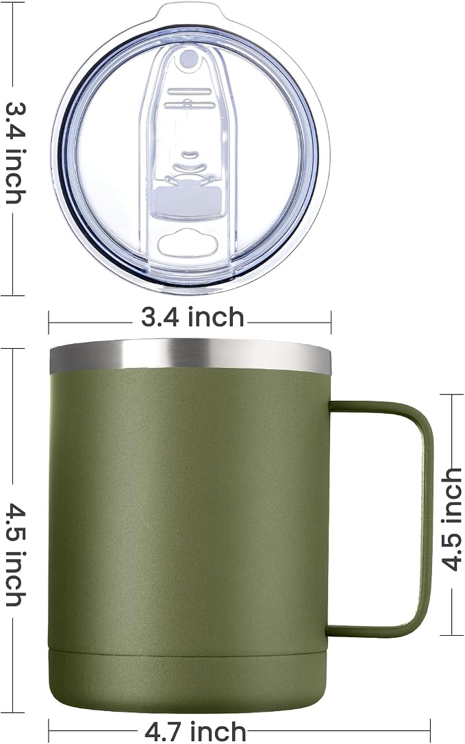 MEWAY 12oz Coffee Mug With Handle 4 Pack Bulk,Stainless Steel Insulated Travel Tumblers With Sliding Lid,Double Wall Vacuum Camping Cup for Hot & Cold Drinks Tea (Army Green,Set of 4) - Image 4