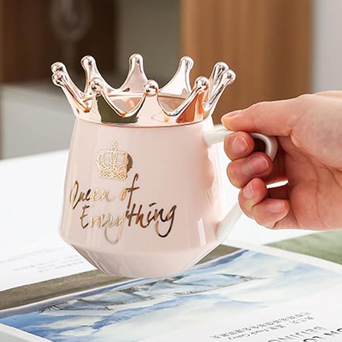 Arawat Pink Queen of Everything Mug with Lid Cute Pink Cup with Crown 12 oz Tea Coffee Mugs Gift with Spoon & Coaster Ceramic Cups Birthday Gifts for Women Girls Friend Valentine's Day Gifts for Women - Image 5