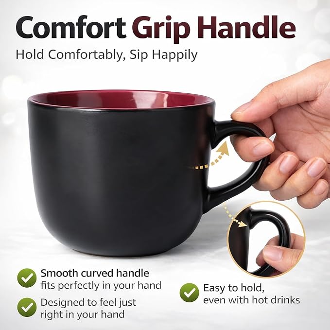 GBhome Jumbo Soup Mugs with Handles, 24 Oz Large Coffee Mugs Set of 4 | Ceramic Soup bowls for Soup Cereal Snacks Salad Noodles Cups, Microwave safe - Matte Black, Red Inside - Image 6