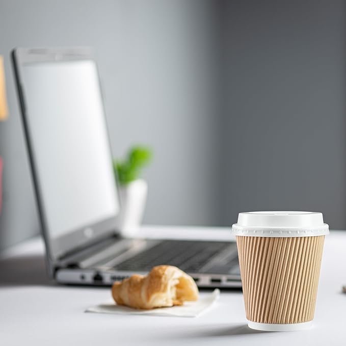 GUSTO Comfy Package [10 oz. - 50 Sets Insulated Kraft Ripple Paper Hot Cups, Disposable Coffee Cups With Lids - Ideal for Hot Beverages, Travel, and Office Use