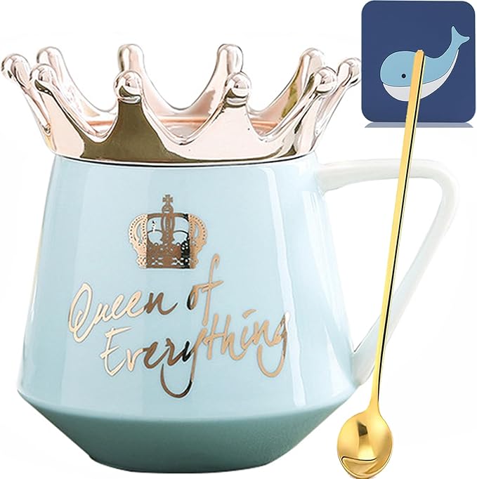 Arawat Queen of Everything Mug with Lid Crown 12 oz Queen Elizabeth Cup Gift Blue Ceramic Mugs Birthday Gifts for 20 30 40 50 60 70 Women Gift for Girlfriend Girls Mom Valentine's Day Gifts for Women by ARAWAT