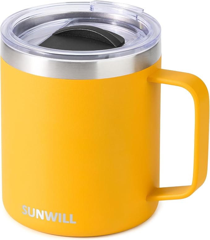 SUNWILL Insulated Coffee Mug with Lid, Travel Tumbler with Handle, 14 oz Stainless Steel Cup for Camping, Office, Home, Powder Coated Yellow by SUNWILL