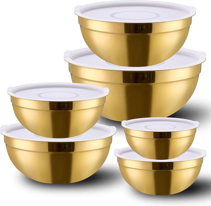 6 Piece Gold Mixing Bowls Set With Lids for Kitchen - Stainless Steel Ideal for Baking, Prepping, Cooking and Serving Food - Nesting Metal Bowls for Space Saving Storage by DINYWOW