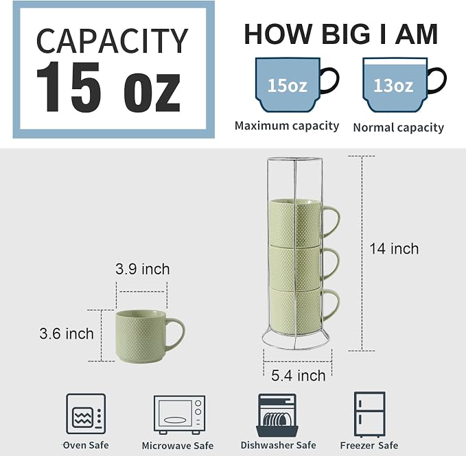 HASENSE Coffee Mugs Set with rack, 15 Ounce Porcelain Stackable Large Coffee Cups Set of 4 with handle for Drinks Like Tea, Cappuccino, Milk, Mocha and Cereal, Microwave & Dishwasher Safe, Green - Image 3