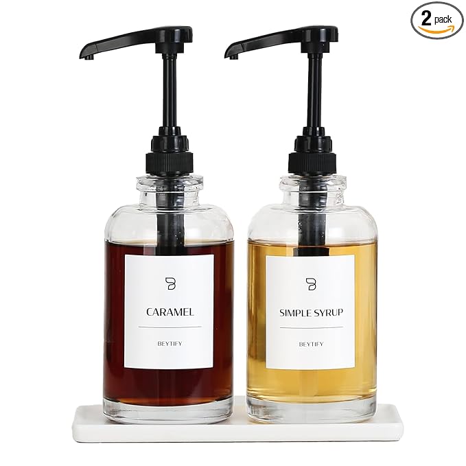 BEYTIFY Coffee Syrup Dispenser Set | Glass Syrup Bottles with Pump Tops & 12 Labels | Refillable Leak-Proof Dispensers for Coffee Bar, Vanilla Caramel Hazelnut Syrups | Clear Glass, 2 Pack (16.9oz/500ml)