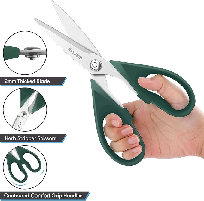 iBayam 2-Pack 8.5" Kitchen Shears, Heavy Duty, Cut Meat, Poultry, Herbs | Sharp Stainless Steel, Comfort-Grip Handles, Cuts Meat, Poultry, Herbs — 2-Pack, Dishwasher Safe, Built-In Bottle Opener - Image 4
