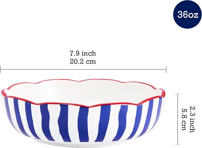 Bico Ocean Wonders Scalloped Pasta Bowls, 36oz Salad Bowl Set of 4, Large Ceramic Serving Dinner Bowls for Soup and Cereal, Microwave and Dishwasher Safe, Gift for Housewarming and Holiday - Image 2