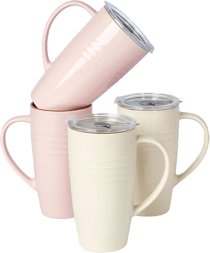 famiware Jupiter Large Coffee Mug, 20oz Coffee Mug with Lid, Ceramic Mugs Set of 4, Cup Set with Handle for Latte, Tea, Cocoa, Milk, Microwave and Dishwasher Safe, Light Pink and Vanilla White by Famiware