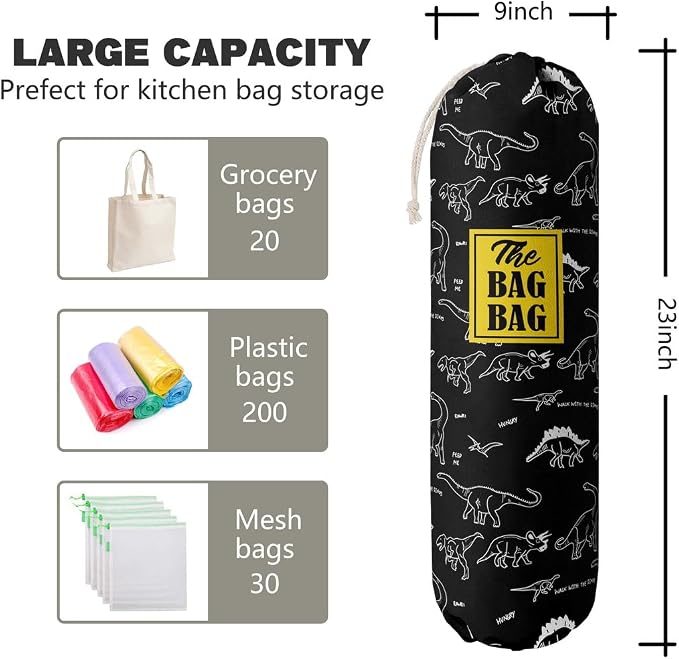 HiLus Dinosaur Pattern Grocery Bags Holder, Wall Mount Plastic Bags Storage Container Dispenser, Kitchen Organizer (H-18) - Image 2