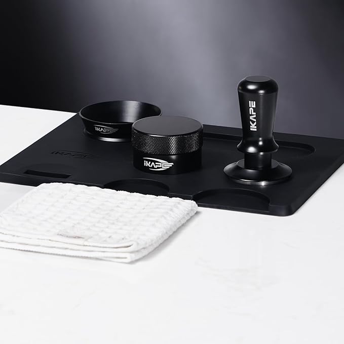 IKAPE 58MM Espresso Tamper Kit Black 6 IN 1, Coffee Tamper Set Including Tamper, Distributor, Magnetic Dosing Funnel, Silicone Mat, Puck Screen, and Cleaning Towel