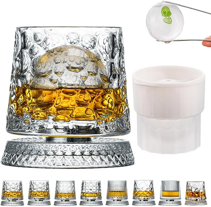 360 Degree Rotating Whiskey Glass Set with Ice Ball Mold, Crystal Clear Bourbon Scotch Glassware for Men, Fun & Novelty Gifts (Pattern 7) by GOWARM