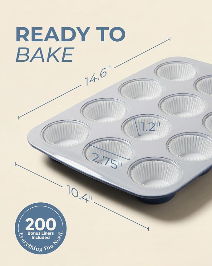 CARTMAN Ceramic Muffin Pan 12 Cup with 200 Cupcake Liners, Non-Stick & Non-Toxic Baking Tin for Healthy Muffins and Cupcakes, Perfect for Home Kitchens and Parties - Image 3