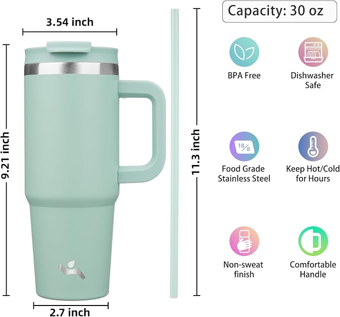 Konokyo 30 oz Insulated Tumbler Water Bottle with Handle, Straw Lid | BPA-free and dishwasher safe; made for gym, travel, coffee and gifting, 2 straws, cup holder friendly,Retro Green - Image 4