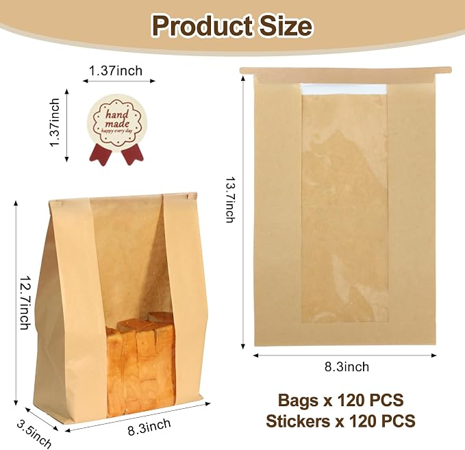 WIKDAY 120PCS Sourdough Bread Bags with Window for Homemade Bread Paper | Tin Tie Tab Lock, with Thank You Seal Sticker, Large, for Baked Food Packaging Storage Gift Giving 13.7x8.3x3.5in Home Baking - Image 2