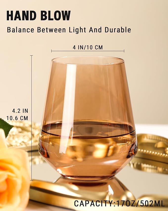 comfit Colored Stemless Wine Glasses Set of 6-17 oz Hand-Blown Crystal Colored Glassware with no Stem, Multicolor Glassware for Lovers, Wedding, Birthday, Mother's Day Housewarming Gifts for Women - Image 4