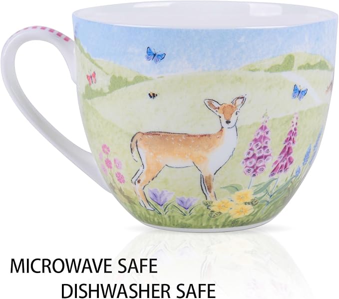 20 oz Deer & Wildflower Coffee Mug, Premium Bone China Cottage Garden Coffee Cup with Rabbit & Butterfly, Thoughtful Gifts for Mom Women Mothers Day, Designed in England by Harvest Green Studio - Image 4