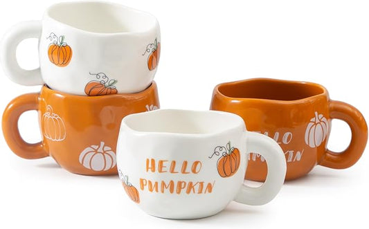 4pcs Ceramic Mugs Set, 9.4OZ Cute Coffee Cup Set, Hello Pumpkin Design, Dishwasher Safe, Gift for Fall/Halloween/Thanksgiving (Pumpkin) by YumiPLUS