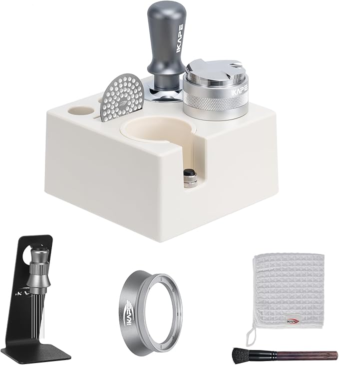 IKAPE 51MM Espresso Tamper Kit Silver 8 IN 1, Coffee Tamper Set comprising a Tamper, Distributor, Magnetic Dosing Funnel, Puck Screen, Station, WDT Tool, along with a Cleaning Towel and Brush