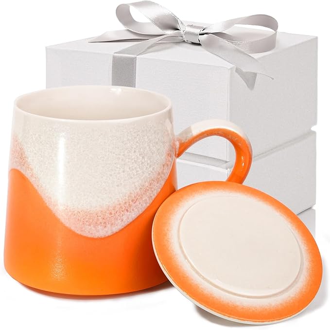 Handmade Ceramic Coffee Mugs, 11.2 OZ Colored Glaze Coffee Cups with Lids, Birthday Gift for Women, Mom, Dad, Friend, Sister, Brother, Dishwasher and Microwave Cups