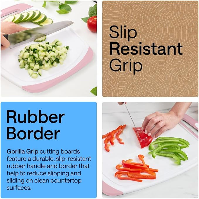 GORILLA GRIP BPA-Free Reversible Kitchen Cutting Board Set of 3, US Designed, Nonporous, Juice Grooves Catch Liquid, Slip Resistant Border, Dishwasher Safe, Durable Large Food Chopping Boards, Pink - Image 3