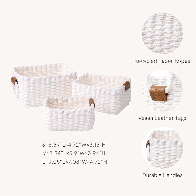 LA JOLIE MUSE Small Wicker Baskets for Organizing, White 3 Pack | Decorative Organizer with Vegan Leather Tag, Round Handle, Storage Baskets for Shelves, Bedroom, Kitchen, Office and Home - Image 4