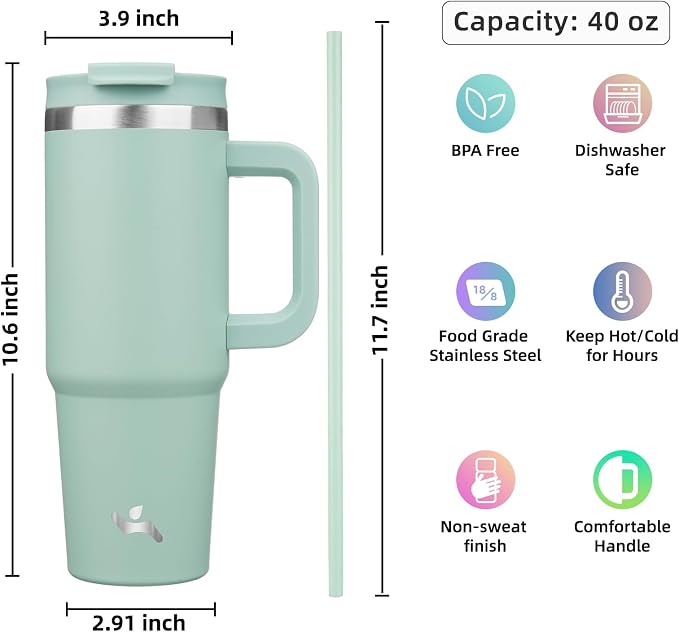 Konokyo 40 oz Insulated Tumbler Water Bottle with Handle, Straw Lid | BPA-free and dishwasher safe; made for gym, travel, coffee and gifting, 2 straws, cup holder friendly,Retro Green - Image 4