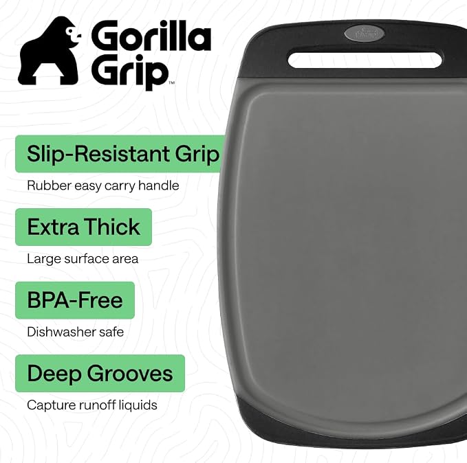 GORILLA GRIP BPA-Free Reversible Kitchen Cutting Board Set of 3, US Designed, Nonporous, Juice Grooves Catch Liquid, Slip Resistant Border, Dishwasher Safe, Durable Food Chopping Boards, Gray Black - Image 2