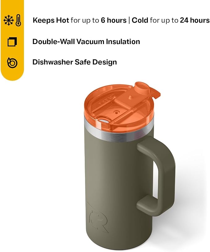 RTIC 16oz Road Trip Travel Mug with Lid and Handle, Ceramic Lined, Insulated, Stainless Steel, Metal, Double Wall Vacuum-Insulation, Portable Coffee, Tea Cup for Hot and Cold Drink, Trailblazer - Image 3